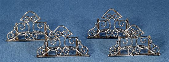 A set of four silver Art Nouveau folding design menu holders, Width 2 ¾” x Height 1 5/8”/42mm Total weight 3oz/84grm